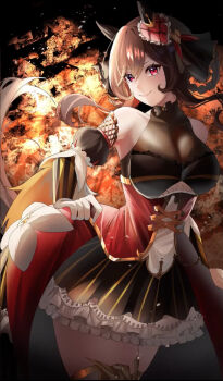 1girl animal_ears bare_shoulders black_dress blush braid braided_hair_rings breasts brown_hair cleavage closed_mouth collarbone commentary_request corset detached_sleeves dress ear_covers ear_ornament gentildonna_(regina_dei_fiori)_(umamusume) gentildonna_(umamusume) gloves hair_between_eyes hair_ornament hair_rings heart-shaped_ornament heart_ear_ornament highres horse_ears horse_girl large_breasts long_hair looking_at_viewer red_corset red_eyes see-through_cleavage see-through_clothes smile solo thighhighs umamusume white_gloves white_thighhighs yume_30_31