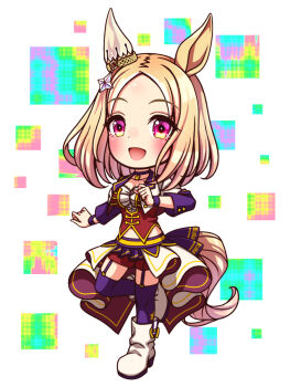 1girl animal_ears blonde_hair blush bodice boots breasts chibi chibi_only choker cleavage collarbone commentary_request corset cropped_jacket ear_covers full_body garter_straps highres horse_ears horse_girl horse_tail jacket large_breasts long_sleeves looking_at_viewer medium_hair midriff_peek narita_top_road_(umamusume) navel open_mouth overskirt pendant_choker purple_choker purple_eyes purple_garter_straps purple_thighhighs red_corset red_shorts shirt short_hair shorts single_ear_cover smile solo star_(symbol) starting_future_(umamusume) sugimotty_nova tail thighhighs umamusume white_boots white_jacket white_shirt wristband