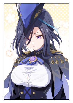 1girl absurdres black_corset black_hair blue_cape blue_hat border bra_visible_through_clothes breasts bursting_breasts button_gap cape clorinde_(genshin_impact) closed_mouth commentary_request corset epaulettes genshin_impact gloves hat hat_feather highres kabu_usagi large_breasts long_hair purple_eyes shirt solo taut_clothes taut_shirt tricorne upper_body vision_(genshin_impact) white_border white_gloves