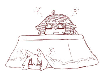 2girls :d ahoge animal_ear_fluff animal_ears artist_self-insert blush closed_eyes commentary_request facing_viewer fox_ears greyscale hair_between_eyes highres kemomimi-chan_(naga_u) kotatsu monochrome multiple_girls naga_u open_mouth original simple_background smile table thick_eyebrows under_kotatsu under_table white_background