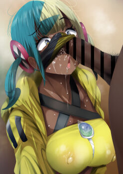 1boy 1girl aqua_hair bandeau bar_censor blonde_hair breasts canari_(pokemon) censored character_hair_ornament covered_erect_nipples cum cum_on_body dark-skinned_female dark-skinned_male dark_skin facial fumihiko_(fu_mihi_ko) hair_ornament hetero highres jacket large_breasts large_penis looking_at_penis mask mask_lift mouth_mask multicolored_hair nintendo open_mouth penis penis_awe penis_on_face penis_under_mask pokemon pokemon_legends:_z-a split-color_hair sweat twintails two-tone_hair yellow_bandeau yellow_eyes yellow_jacket zipper_pull_tab