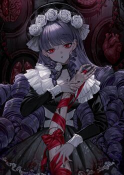1girl absurdres arm_ribbon black_bonnet black_choker black_dress blood blood_on_clothes bonnet brain choker detached_arm doll_joints dress drill_hair drill_sidelocks eyelashes flower heart_(organ) highres intestines joints lace_trim long_hair long_sleeves looking_down lungs maronrice nail_polish original portrait_(object) purple_hair red_eyes red_ribbon ribbon rose sidelocks sleeve_cuffs solo very_long_hair white_flower white_rose