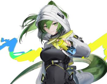 1girl absurdres arknights arknights:_endfield black_bodysuit bodysuit breasts covered_navel endfield_industries_logo eugle_na fluorite_(arknights) green_eyes green_hair hair_through_hood highres holding holding_spray_can hood hood_up hooded_shrug large_breasts latex latex_bodysuit lizard_tail long_hair long_sleeves looking_at_viewer ponytail puffy_long_sleeves puffy_sleeves reptile_girl shrug_(clothing) smile solo spray_can tail upper_body white_background white_shrug