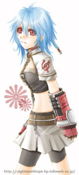 10s 1girl bike_shorts blue_hair braid bunny_(trickster) female_focus fingerless_gloves gloves lowres midriff red_eyes skirt solo trickster_(ntreev_soft)