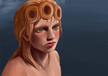 1boy androgynous blonde_hair blush eyelashes freckles giorno_giovanna green_hair jojo_no_kimyou_na_bouken lips long_hair male_focus nid_log nose painterly realistic red_lips rosemary&#039;s_baby solo vento_aureo victory_rolls wet wet_hair