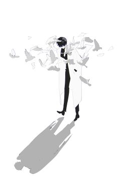 1boy absurdres bird black_hair black_shirt coat different_shadow dove faceless feathered_wings hashtag-only_commentary head_down highres kim_dokja male_focus omniscient_reader&#039;s_viewpoint open_clothes open_coat roellm shirt short_hair solo standing standing_on_one_leg too_many too_many_birds white_coat wings