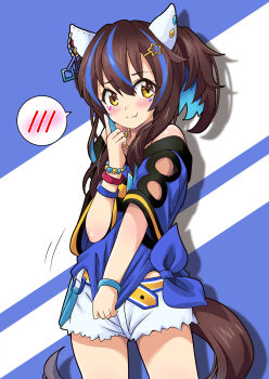 Rule 34 | 1girl, absurdres, animal ears, bare shoulders, blue hair, blush, bracelet, brown hair, clothes pull, clothing cutout, colored inner hair, commentary request, covering anus, cowboy shot, daitaku helios (fun fun party night) (umamusume), daitaku helios (umamusume), denim, denim shorts, ear covers, ear piercing, embarrassed, hair between eyes, hair ornament, highres, horse ears, horse girl, horse tail, jewelry, kurumiyasan ns, looking at viewer, medium hair, midriff peek, multicolored hair, piercing, shirt, shirt pull, shorts, shoulder cutout, side ponytail, simple background, solo, spoken blush, streaked hair, tail, tied shirt, umamusume, white shorts, yellow eyes