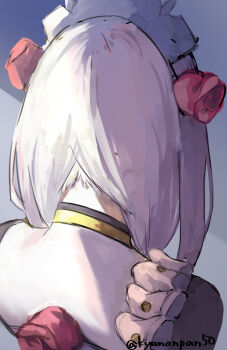 1girl facing_away flower from_behind genshin_impact hair_flower hair_ornament highres kyanonpan50 long_hair maid_headdress nape noelle_(genshin_impact) red_flower red_rose rose solo twitter_username white_hair