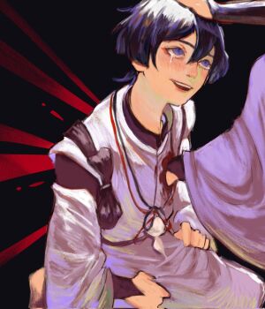 Rule 34 | 1boy, 1girl, arm armor, arm up, belt, black background, black bow, blood, blue eyes, blush, bow, chokkofi, commentary, crying, crying with eyes open, detached sleeves, dress, english commentary, fingernails, genshin impact, grey pants, grey vest, hair between eyes, hand on another's head, hand up, highres, japanese clothes, kimono, long sleeves, looking at another, looking up, mandarin collar, open mouth, pants, pom pom (clothes), purple belt, purple bow, purple dress, purple hair, purple kimono, purple shirt, raiden shogun, red bow, scaramouche (genshin impact), scaramouche (kabukimono) (genshin impact), seiza, shirt, short hair, simple background, sitting, smile, solo focus, standing, tears, teeth, vest, wide sleeves