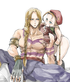 Rule 34 | 1boy, 1girl, ass, bent over, blonde hair, blue eyes, cammy white, capcom, gloves, hat, legs, leotard, long hair, looking at another, mask, ponytail, scar, scar on face, sitting, street fighter, street fighter ii (series), street fighter zero, tattoo, vega (street fighter)