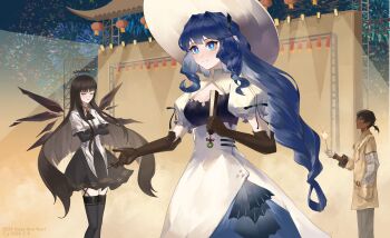 1boy 2girls absurdres arknights ascot astesia_(arknights) astesia_(starseeker)_(arknights) black_hair black_skirt blue_dress blue_eyes blue_hair blush breasts bright_pupils broken_halo cleavage dark_skin dress elbow_gloves folded_fan folding_fan gloves gold_trim halo hand_fan hand_in_pocket happy_new_year highres hime_cut holding holding_fan holding_fireworks lantern layered_dress long_hair multiple_girls new_year paper_lantern ponytail pupeteer_p serious shirt short_ponytail skirt smile stage stage_lights thorns_(arknights) very_long_hair virtuosa_(arknights) white_dress white_pupils white_shirt wings yellow_eyes