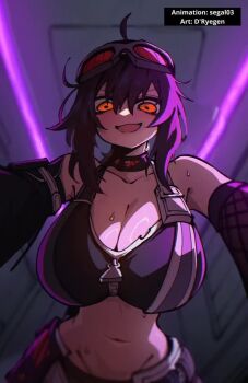 Rule 34 | 1girl, all fours, animated, artist name, black hair, black pants, black sleeves, black tank top, blush, breasts, breath, cleavage, collarbone, crazy eyes, detached sleeves, dryegen, excited, female focus, from below, goggles, goggles on head, grace howard, hanging breasts, heavy breathing, huge breasts, live2d, looking at viewer, looping animation, messy hair, midriff, mihoyo, navel, open mouth, orange-tinted eyewear, pants, pov, segal03, short hair with long locks, smile, solo, tagme, tank top, tinted eyewear, upper body, video, yellow eyes, zenless zone zero