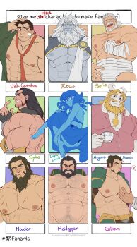 1girl 6+boys abs absurdres ancient_greek_clothes asgore_dreemurr bandages bandaid bandaid_on_cheek bandaid_on_face bara bare_pectorals beard beckoning blue_dress blue_sclera blue_skin blush brown_hair bulge bursting_pectorals character_request colored_sclera colored_skin copyright_request cowboy_shot dark-skinned_male dark_skin dick_gumshoe dress facial_hair fate_(series) final_fantasy final_fantasy_vii fire_emblem furry furry_male gilliam_(fire_emblem) glensaru granblue_fantasy greco-roman_clothes groping hairy hand_on_own_hip heart heidegger_(ff7) highres jacket lapis_lazuli_(gemstone) lapis_lazuli_(steven_universe) large_pectorals long_hair mature_male monster_boy multiple_boys multiple_drawing_challenge muscular muscular_male mustache nader_(fire_emblem) navel navel_hair necktie nintendo nipple_piercing nipple_rings nipples object_behind_ear old old_man open_clothes open_jacket pectoral_cleavage pectoral_grab pectorals piercing pink_shirt sash scar scar_across_eye scar_on_chest scar_on_face scar_on_nose shirt short_hair shrug_(clothing) sideburns six_fanarts_challenge smile soriz spoken_heart steven_universe stomach stubble sylas undertale utdr_(toby_fox) white_hair yaoi zeus_(fate)
