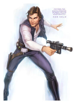 Rule 34 | 1boy, black boots, black pants, black vest, boots, brown eyes, brown hair, character name, copyright name, english text, gun, han solo, hanyau, highres, holding, holding gun, holding weapon, holster, looking to the side, male focus, open clothes, open vest, pants, shirt, short hair, solo, star wars, vest, weapon, white shirt