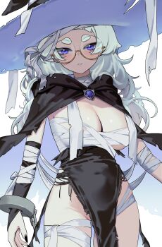 1girl bandaged_arm bandaged_leg bandages black_bridal_gauntlets blush breasts bridal_gauntlets budget_sarashi chest_sarashi cleavage glasses hat highres large_breasts long_hair meg_(wakamepiza) original pelvic_curtain purple_eyes round_eyewear sarashi solo thick_eyebrows wakamepiza white_hair witch witch_hat yellow-framed_eyewear