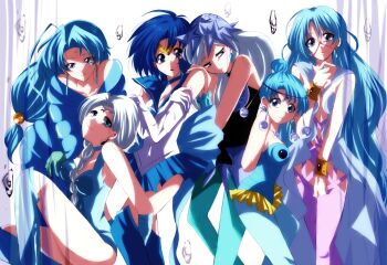 Rule 34 | 1990s (style), 1boy, 5girls, arm grab, beruche (sailor moon), bishoujo senshi sailor moon, bishoujo senshi sailor moon r, bishoujo senshi sailor moon s, bishoujo senshi sailor moon sailor stars, bishoujo senshi sailor moon stars, bishoujo senshi sailor moon supers, blue eyes, blue hair, blue legwear, blue sailor collar, blue skirt, blue theme, braid, braided bangs, braided ponytail, color connection, crescent, crescent facial mark, earrings, facial mark, fish eye (sailor moon), hair bun, jewelry, jitome, leotard, long hair, low-tied long hair, maru (092102040413), mizuno ami, multiple girls, pallapalla (sailor moon), pantyhose, retro artstyle, sailor aluminum seiren, sailor collar, sailor mercury, single braid, single hair bun, skirt, trap, viluy (sailor moon), white hair