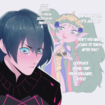 Rule 34 | 1boy, 1girl, big hair, blood, blue dress, blue hair, blunt bangs, blush, male byleth (fire emblem), daydream, dress, embarrassed, english text, fire emblem, fire emblem: three houses, grin, highres, insult, long hair, mentalillusion, nintendo, nosebleed, notreal, nyantcha, pointy ears, purple eyes, slit pupils, smile, smug, sothis (fire emblem), speech bubble, tears, twintails, very long hair