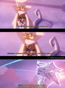 1boy 1girl absurdres bow bowtie brown_bow brown_bowtie crying emily_(hazbin_hotel) english_text extra_eyes fangs grimmie02 halo hat hazbin_hotel head_wings hellaverse highres jacket lamia long_hair monster_girl multiple_wings outdoors puffy_short_sleeves puffy_sleeves seraph short_sleeves subtitled tearing_up tears teeth top_hat trembling upper_teeth_only white_hair white_hat white_jacket wings