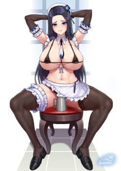 1girl apron arms_behind_head arms_up bikini black_bikini black_hair black_thighhighs blue_eyes blush breasts convenient_censoring elbow_gloves frilled_apron frilled_thigh_strap frills full_body gloves gonster hat highres invincible_dragon_(last_origin) large_breasts last_origin long_hair looking_at_viewer maid maid_bikini maid_headdress navel simple_background sitting smile solo spread_legs swimsuit thigh_strap thighhighs unconventional_maid waist_apron white_apron white_background white_hat