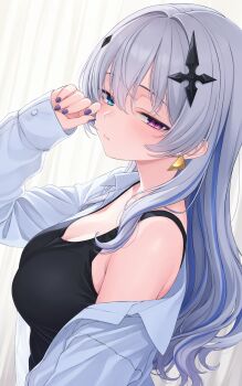1girl absurdres black_shirt blue_eyes blue_hair blue_streaks breasts cleavage closed_mouth cross_hair_ornament earrings from_side grey_hair hair_ornament hand_up heterochromia highres jewelry large_breasts long_hair looking_at_viewer looking_to_the_side multicolored_hair nameko_houshi neo-porte off_shoulder open_clothes open_shirt purple_eyes purple_nails shirt single_bare_shoulder sleeveless sleeveless_shirt solo streaked_hair symbol-shaped_pupils tentei_forte two-tone_hair upper_body white_shirt