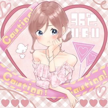 1girl :t absurdres bare_shoulders blue_eyes blush bow brown_hair caution caution_tape closed_mouth collarbone commentary_request gakuen_idolmaster hair_bow hair_bun hand_up heart highres himesaki_rinami idolmaster long_neck looking_at_viewer mishima_ryo off-shoulder_shirt off_shoulder pink_shirt plaid_background pout shirt solo upper_body white_bow