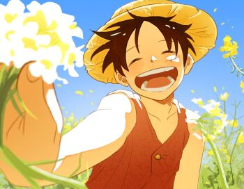 1boy absurdres bare_arms bare_shoulders black_hair blue_sky closed_eyes commentary english_commentary facial_scar facing_viewer flower hat highres holding holding_flower male_focus monkey_d._luffy nondrea one_piece open_mouth outdoors outstretched_arm pov red_vest scar scar_on_cheek scar_on_face short_hair sky smile solo straw_hat upper_body vest yellow_flower