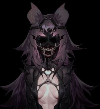 Rule 34 | 1girl, bansheeiso, bat girl, bat wings, belt, bifurcated jaw, black bodysuit, black hair, black sclera, body horror, bodysuit, cleavage cutout, clothing cutout, colored sclera, constricted pupils, facing viewer, hair over shoulder, highres, long hair, looking at viewer, messy hair, monster girl, open mouth, original, red eyes, shoulder spikes, solo, spikes, wings