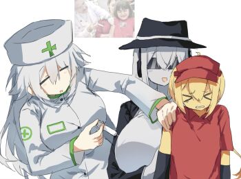 >_< 3girls :d :o ahoge black_hat black_sleeves blonde_hair blush_stickers boob_injection_(meme) breasts caretaker_(die_of_death) chance_(forsaken) clenched_teeth closed_eyes collared_shirt colored_skin detached_sleeves die_of_death double-parted_bangs dress drfghugfg34956 elliot_(roblox) fedora forsaken_(roblox) genderswap genderswap_(mtf) genderswap_(otf) hair_between_eyes hand_on_another's_shoulder hat headphones highres holding holding_syringe humanization jacket large_breasts long_hair long_hair_between_eyes long_sleeves looking_at_another looking_down meme meme_inset messy_hair multiple_girls nurse_cap open_clothes open_jacket open_mouth raised_inner_eyebrows red_shirt reference_inset roblox shirt short_sleeves simple_background smile standing sunglasses syringe syringe_in_breast teeth thai_commentary upper_body visor_cap white_background white_dress white_hair white_shirt white_skin yellow_skin