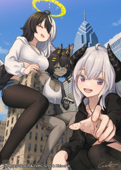 3girls absurdres ahoge black_hair breasts closed_eyes colored_skin commentary_request commission crop_top dark_skin giant giantess grey_skin halo highres horns long_hair medium_breasts multicolored_hair multiple_girls original pantyhose purple_eyes shorts skeb_commission small_breasts smile welt_(kinsei_koutenkyoku) white_hair yellow_eyes