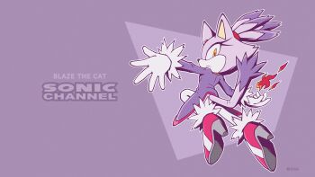 1girl absurdres animal_ears blaze_the_cat cat_ears cat_girl cat_tail character_name fire forehead_jewel fur-trimmed_gloves fur-trimmed_shoes fur_trim furry furry_female gloves high_heels highres official_art ponytail purple_background purple_fur sonic_(series) sonic_the_hedgehog_official tail uekawa_yuji white_gloves yellow_eyes