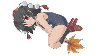 Rule 34 | 1girl, arms between legs, black socks, blue one-piece swimsuit, blush, breasts, commentary request, from side, full body, geta, hand fan, hat, hauchiwa, holding, holding fan, medium breasts, old school swimsuit, one-piece swimsuit, parted lips, pom pom (clothes), red eyes, red hat, red shoes, school swimsuit, shameimaru aya, shoes, sideways glance, socks, solo, swimsuit, tengu-geta, thighs, tokin hat, touhou, transparent background, winn