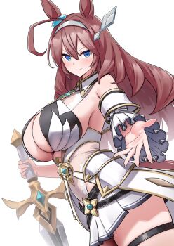 1girl ahoge animal_ears blue_eyes breasts brown_hair gloves herohero_(higashi_no_dou) highres horse_ears horse_girl horse_tail knight large_breasts mihono_bourbon_(umamusume) miniskirt simple_background skirt smile solo tail umamusume