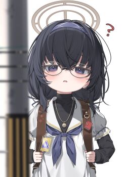 Rule 34 | 1girl, ?, absurdres, aged down, backpack, bag, bag charm, black hair, blue archive, blue hairband, blue neckerchief, blush, charm (object), commentary, glasses, hair between eyes, hairband, halo, highres, jewelry, layered sleeves, long hair, long sleeves, looking at viewer, neckerchief, necklace, parted lips, round eyewear, sailor collar, school uniform, simple background, solo, ui (blue archive), upper body, white background, white sailor collar, yoru uyo