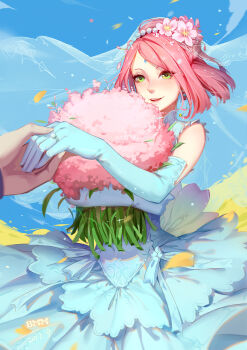 1girl bindi blue_dress blue_gloves blush bouquet braid bridal_veil bride dated day dress elbow_gloves flower gem gloves green_eyes haruno_sakura highres holding_hands jewelry naruto_(classic) naruto_(series) nose_blush outdoors parted_lips pearl_(gemstone) pink_hair ring short_hair smile solo_focus veil wedding_band wedding_dress yuiko_(yuiko33miao)
