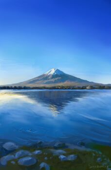 2025 art_study artist_name blue_sky chinese_commentary commentary_request dated day highres lake landscape mixed-language_commentary mount_fuji no_humans original outdoors real_world_location reflection reflective_liquid scenery sky sxu@~@ water