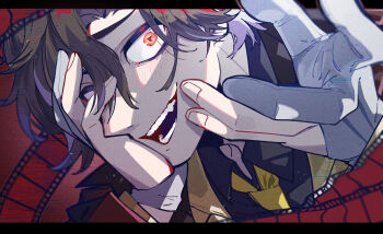 1boy black_shirt blush brown_hair brown_jacket collared_shirt commentary_request crazy_eyes film_strip gloves hand_on_own_face highres honkai:_star_rail honkai_(series) jacket letterboxed male_focus mr._reca_(honkai:_star_rail) necktie nekoma_hikaru open_mouth partially_fingerless_gloves red_eyes shirt short_hair smile solo symbol-shaped_pupils teeth white_gloves yellow_necktie