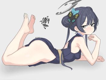 1girl ass barefoot black_hair blue_archive breasts butterfly_hair_ornament china_dress chinese_clothes double_bun dragon_print drawlab33t dress feet_up grey_background grey_eyes grey_halo hair_bun hair_ornament halo highres huge_ass kisaki_(blue_archive) looking_at_viewer lying no_bra no_panties on_stomach print_dress simple_background sleeveless sleeveless_dress small_breasts the_pose thick_thighs thighs