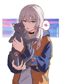 Rule 34 | 1girl, 33brook33, animal, black choker, cat, chinese commentary, choker, commentary request, earclip, girls band cry, grey eyes, grey hair, grey hoodie, hair between eyes, highres, holding, holding animal, holding cat, hood, hoodie, jacket, kawaragi momoka, long hair, long sleeves, multicolored hair, open clothes, open jacket, open mouth, orange jacket, roots (hair), solo