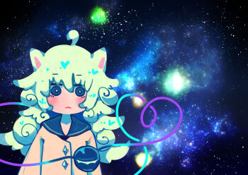 1girl :3 ahoge animal_ears blue_collar blue_eyes blush bright_pupils buttons cat_day cat_ears closed_mouth collar commentary_request culotte_(hosenrock) curly_hair diamond_button green_hair hair_between_eyes heart heart_of_string highres kemonomimi_mode komeiji_koishi long_hair long_sleeves looking_ahead meme nebula shirt solo space space_cat_(meme) star_(sky) third_eye touhou upper_body white_pupils yellow_shirt