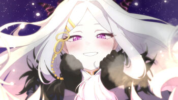 1girl black_gloves blue_archive blush demon_girl demon_horns dro_(eveveb_414) gloves highres hina_(blue_archive) horns long_hair looking_at_viewer open_mouth purple_eyes solo white_hair