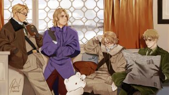 4boys absurdres america_(hetalia) axis_powers_hetalia bear blonde_hair blue_eyes bomber_jacket canada_(hetalia) capelet cigarette closed_eyes coat cup curtains facial_hair france_(hetalia) fur-trimmed_coat fur_trim glasses gloves goatee_stubble green_eyes highres holding holding_cigarette holding_cup holding_newspaper indoors jacket long_sleeves male_focus medium_hair military_uniform multiple_boys necktie newspaper polar_bear raphyraphadoom shirt short_hair sitting smoking stubble sweatdrop thick_eyebrows united_kingdom_(hetalia) window