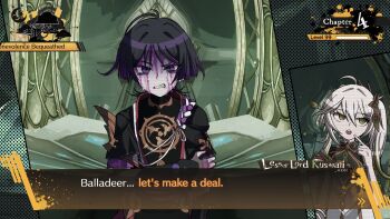 1boy 1girl armor black_hair blood blood_on_face clenched_teeth commentary danganronpa_(series) dress english_commentary english_text ff9900 genshin_impact green_eyes green_hair hair_between_eyes hair_ornament hand_on_own_arm highres index_finger_raised japanese_armor japanese_clothes kote kurokote long_hair multicolored_hair nahida_(genshin_impact) open_mouth parody purple_blood purple_hair scaramouche_(genshin_impact) side_ponytail style_parody sweat teeth white_hair