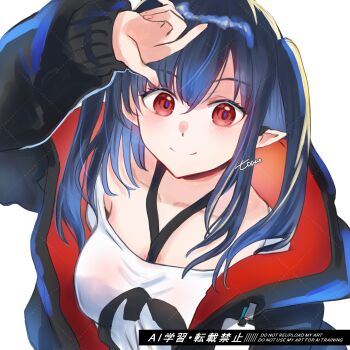 1girl arknights arm_up artist_name black_hair black_jacket blush breasts closed_mouth closure_(arknights) collarbone commentary hair_between_eyes highres id_card jacket lanyard long_hair long_sleeves looking_at_viewer open_clothes open_jacket pointy_ears red_eyes shirt sidelocks smile solo touno_(akarino) two-sided_fabric two-sided_jacket watermark watermark_grid white_shirt