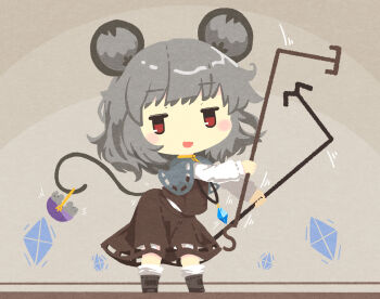 1girl :d akihiyo animal_ears basket black_shoes black_skirt black_vest blush capelet commentary_request dowsing_rod grey_background grey_capelet grey_hair highres holding holding_tool holding_with_tail jewelry jitome long_sleeves medium_hair mouse_(animal) mouse_ears mouse_girl mouse_tail nazrin necklace open_mouth pendant prehensile_tail red_eyes shoes skirt smile solo tail touhou vest white_sleeves