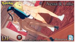 2girls 3d artist_name bad_source black_hair black_shoes blonde_hair blue_eyes blue_hair bra braid breasts character_name copyright_name covered_erect_nipples dark-skinned_female dark_skin female_focus green_eyes highres large_breasts lillie_(pokemon) looking_at_viewer looking_back multicolored_hair multiple_girls nessa_(pokemon) nintendo orange_bra orange_panties panties pokemon pokemon_sm pokemon_swsh ponytail ponytail_with_braided_base rimurux self-upload shoes tagme two-tone_hair underwear white_bra white_panties white_shoes