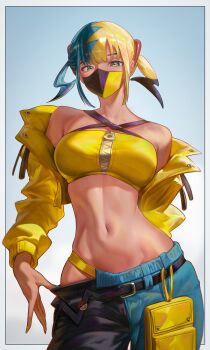 Rule 34 | 1girl, absurdres, aqua hair, arm behind back, badge, bandeau, bare shoulders, belt, black belt, black mask, blonde hair, blue eyes, blue nails, border, breasts, button badge, canari (pokemon), clothes pull, commentary, contrapposto, criss-cross straps, dark-skinned female, dark skin, gradient background, hair between eyes, highres, jacket, long sleeves, looking at viewer, mask, mouth mask, multicolored hair, nail polish, navel, nintendo, off shoulder, pants, pants pull, pokemon, pokemon legends: z-a, short hair, short twintails, skindentation, solo, split-color clothes, split-color hair, stomach, sweat, the antin, toned, toned female, twintails, two-tone hair, two-tone mask, two-tone pants, white border, yellow bag, yellow bandeau, yellow jacket, yellow mask, yellow nails