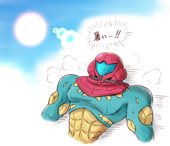 Rule 34 | 1girl, armor, assault visor, blue visor, commentary request, full armor, fusion suit, helmet, lying, metroid, metroid fusion, nintendo, on back, power suit (metroid), samus aran, sun, sweat, wakaba (wata ridley)