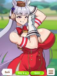 1girl animal_ears animated areola_slip armpits blurry blurry_background blush bouncing_breasts breasts convenient_arm convenient_censoring gloves gold_ship_(umamusume) grin highres horse_ears horse_girl horse_tail jiggle large_breasts long_hair looking_at_viewer miruyuyo outdoors parted_lips partially_visible_nipples pink_eyes smile solo standing tagme tail teeth umamusume video wardrobe_malfunction white_hair