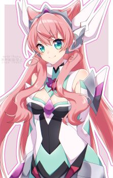 1girl absurdres artist_name bare_shoulders border breasts cleavage detached_sleeves floating_hair green_eyes hair_between_eyes hair_ears hair_ornament headgear highres large_breasts long_hair looking_at_viewer maria_cadenzavna_eve medium_breasts myarikuru pink_background pink_hair senki_zesshou_symphogear simple_background smile solo tiara two-tone_background two_side_up upper_body very_long_hair watermark white_border