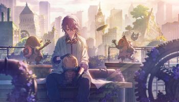 1boy black_gloves black_pants bloom_festival_(project_sekai) blue_hair building clock clock_tower coat collared_shirt colorful_palette flower game_cg gears gloves goggles goggles_around_neck hair_between_eyes highres kamishiro_rui lapels male_focus multicolored_hair notched_lapels official_alternate_costume official_alternate_hairstyle official_art pants project_sekai purple_flower purple_hair rooftop shirt sitting solo streaked_hair third-party_source tower tree white_coat white_shirt